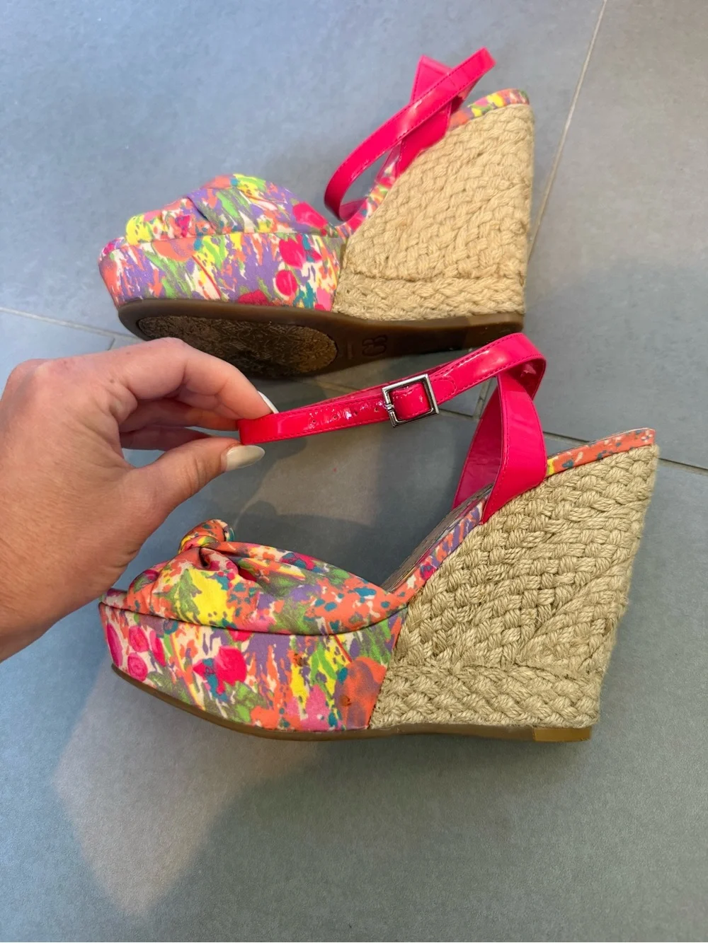 GB Bright Pink Floral Wedge Sandals for Women